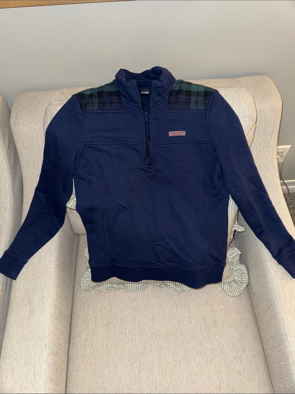 Vineyard Vines Navy Quarter-Zip Pullover with Green Plaid Shoulder Panels